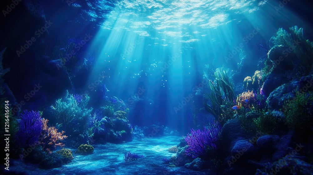 Fototapeta premium Underwater scene featuring vibrant coral reefs and marine flora in shades of green and blue.