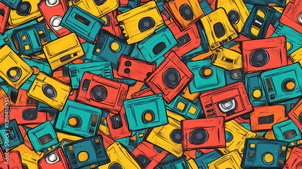 Vector illustration of seamless chaotic pattern with a lot of motley music cassettes drawn with a tablet, endless texture in retro style, 90's, 80's. Rap, pop, rock, disko music, fashion design Vector illustration of seamless chaotic pattern with a lot of motley music cassettes drawn with a tablet, endless texture in retro style, 90's, 80's. Rap, pop, rock, disko music, fashion design
