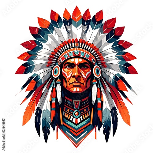Illustration of a Native American Tribal Chief with Traditional Headdress