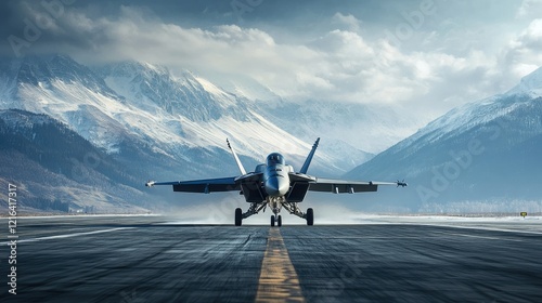 Two military fighter jets are taking off from a runway in a mountainous landscape.