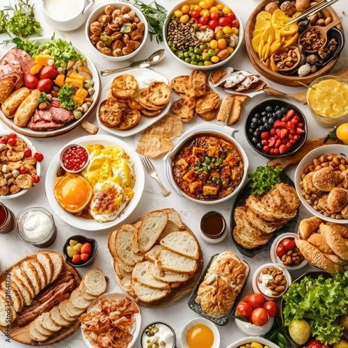 Abundant breakfast buffet spread; delicious food variety; overhead shot; white background; perfect for restaurant promotion