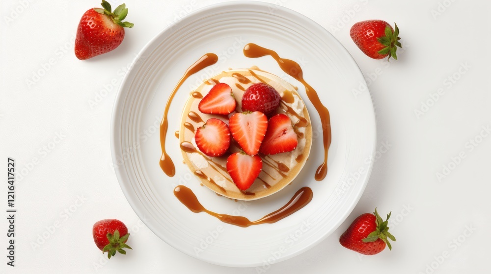 Delicious dessert featuring strawberries and caramel sauce on a plate with fresh berries Delicious dessert featuring strawberries and caramel sauce on a plate with fresh berries