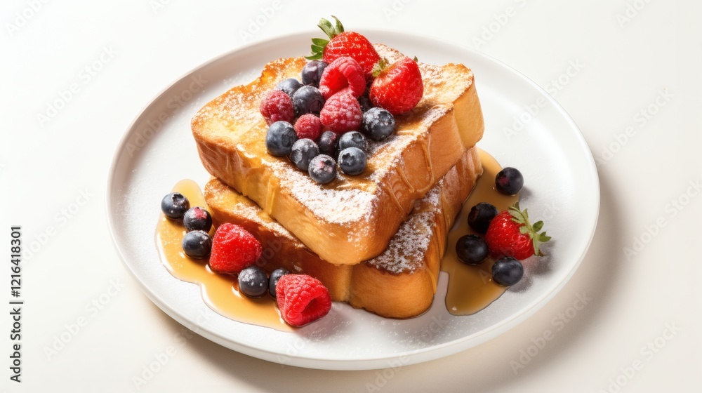 Delicious french toast topped with fresh berries and syrup served on a white plate Delicious french toast topped with fresh berries and syrup served on a white plate