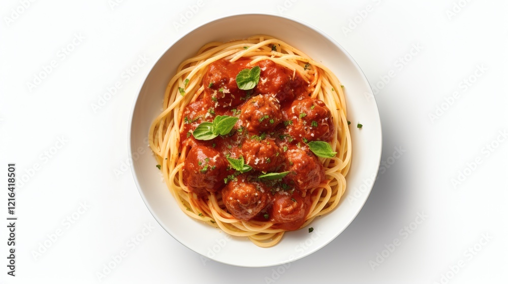 Delicious spaghetti and meatballs served in a white bowl with fresh basil on top Delicious spaghetti and meatballs served in a white bowl with fresh basil on top