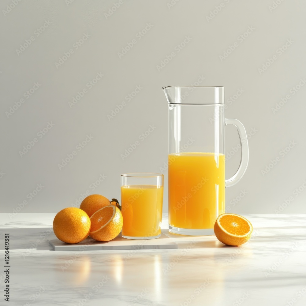 Fresh orange juice in pitcher and glass on marble Fresh orange juice in pitcher and glass on marble