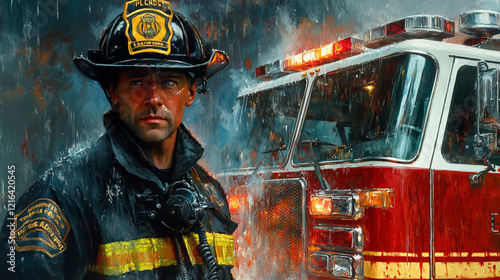 Obraz na płótnie dramatic oil painting of new york city firefighter with firetruck in the rain capturing heroism and courage through impasto brushstrokes and dramatic lighting on a rainy night scene w salonie