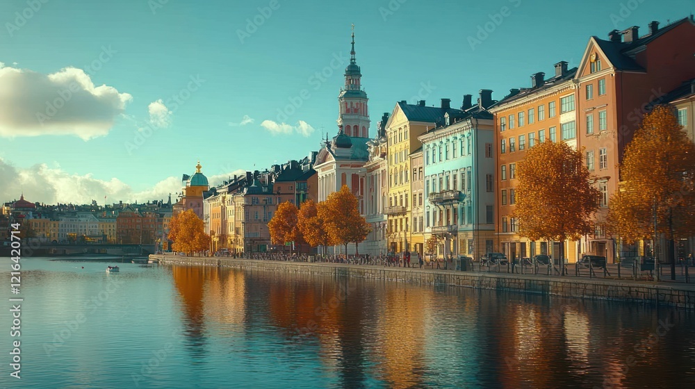 Naklejka premium Colorful autumn waterfront cityscape, tranquil river reflection, sunny day, tourism