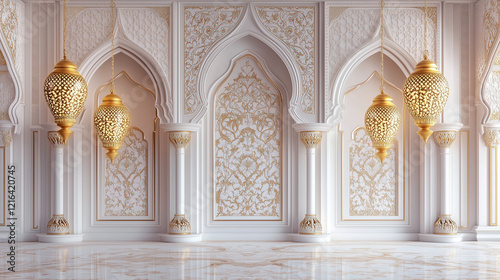 Luxurious Arabic White and Gold Background Featuring Decorative Lanterns for Ramadan, Isra Miraj, and Eid Mubarak Celebrations photo