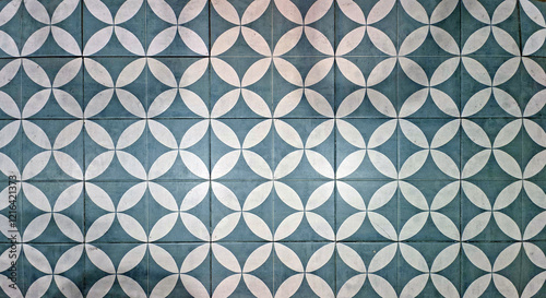 Beautiful old tile background geometric pattern, vintage blue and white colors combination. Modern classic ceramic tiles design. Retro style decorative tiles. © SkyroseStudio
