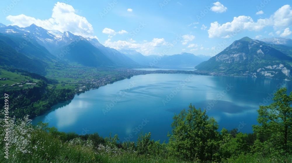Fototapeta premium a lake surrounded by mountains and a forest