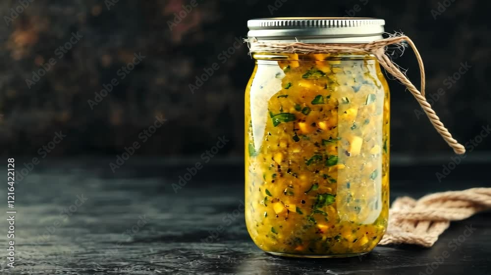 Homemade salsa verde in a glass jar with herbs and spices on a rustic dark background