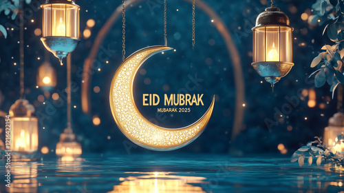 Luxurious Eid Mubarak banner design with lantern and crescent moon decoration on EID MUBARAK 2025 theme photo