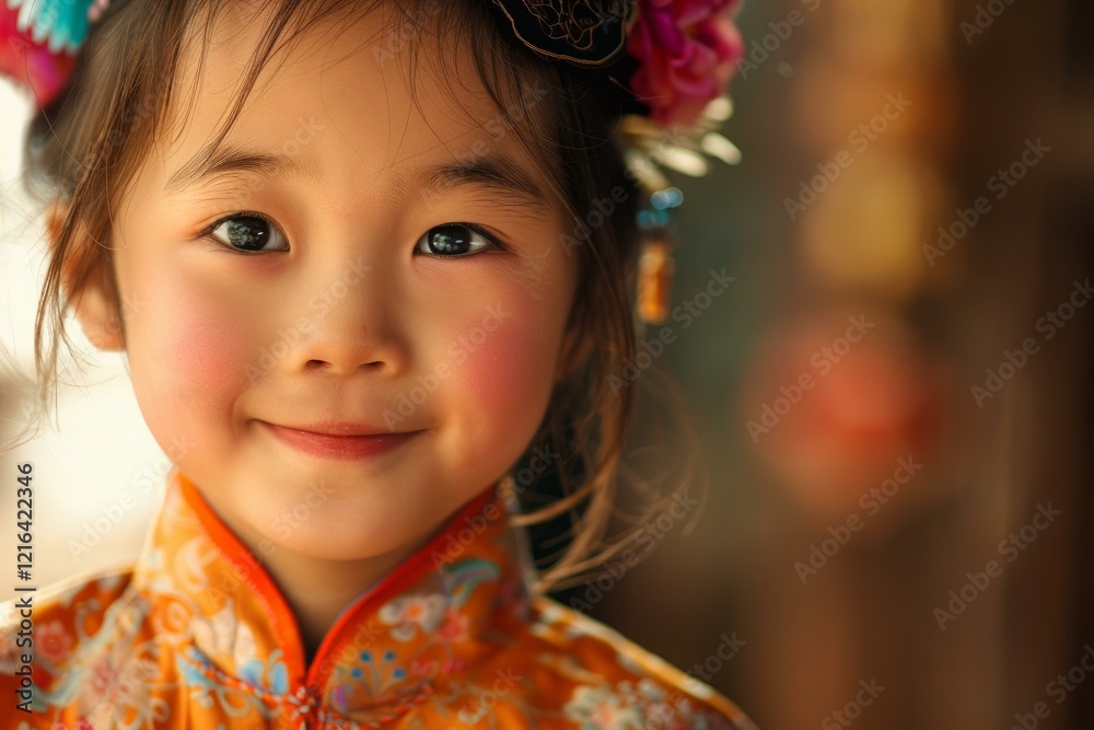 Portrait of a smiling young chinese girl wearing traditional orange dress and colorful flower crown Portrait of a smiling young chinese girl wearing traditional orange dress and colorful flower crown