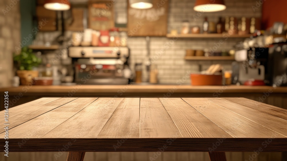 a wooden table in a kitchen with a brick wall a wooden table in a kitchen with a brick wall