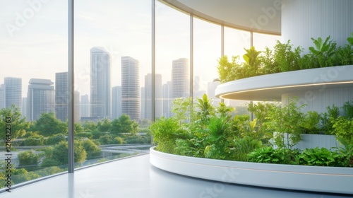 Modern Office with Indoor Garden and City View.