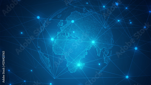 Black blue tech futuristic background. Abstract vector. Sunrise. World map. Global social network. Blue futuristic background with planet Earth.
