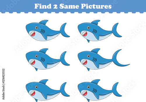 Funny cartoon shark. Find two same pictures. Educational game for children. Cartoon vector illustration