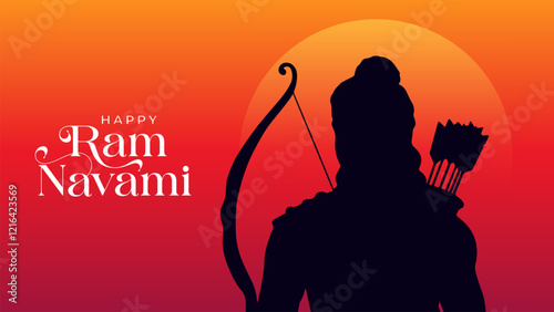 Happy Ram Navami Vector Background Design with Silhouette Lord Rama Illustration. Shree Ram Navami celebration background for religious holiday of India. Shree Ram Navmi with Lord Ram vector.