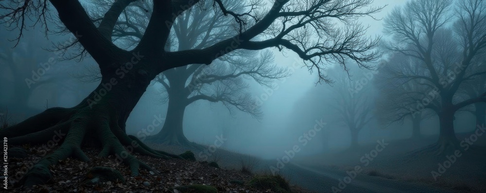 Naklejka premium dark gray misty forest landscape with twisted tree branches, unkempt, wild