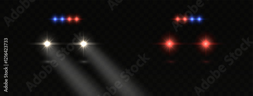 Police car headlights. Realistic lights flares and siren effect. Vector illustration