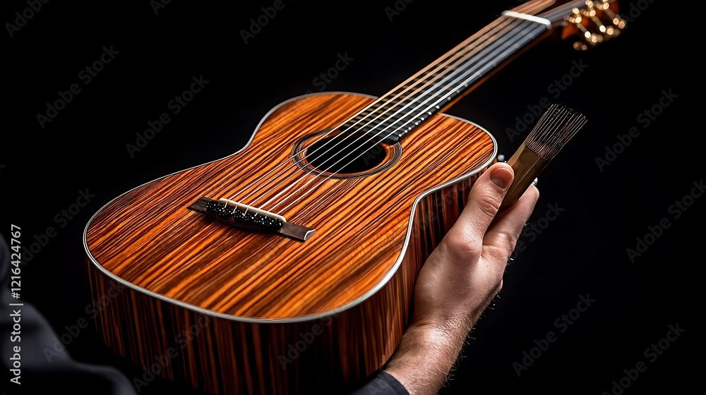 Fototapeta premium Hands holding a wooden guitar, cleaning; dark background; music instrument care