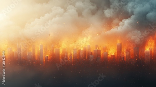 Dramatic urban skyline engulfed in fiery clouds and thick smoke