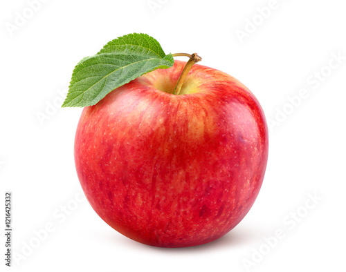 Fresh red Apple with green leaf isolated on white background. Clipping path.