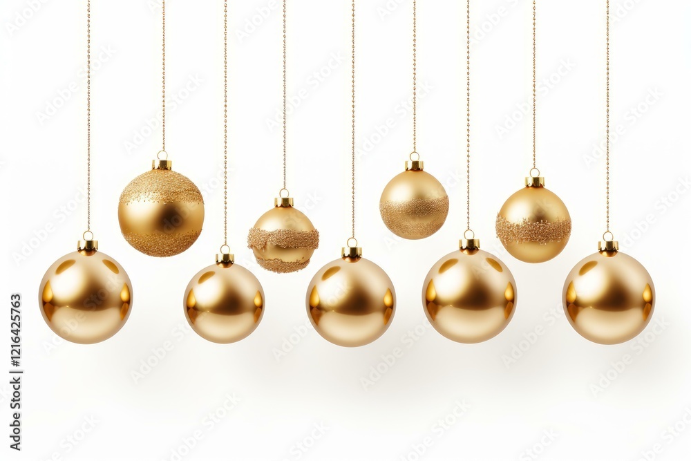 Golden christmas balls are hanging on strings against a white background, creating a festive holiday atmosphere Golden christmas balls are hanging on strings against a white background, creating a festive holiday atmosphere