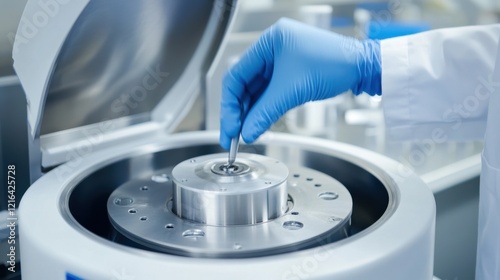 A close-up of a laboratory technician using a high-precision centrifuge in a contemporary lab setting, Scientific style, photo of