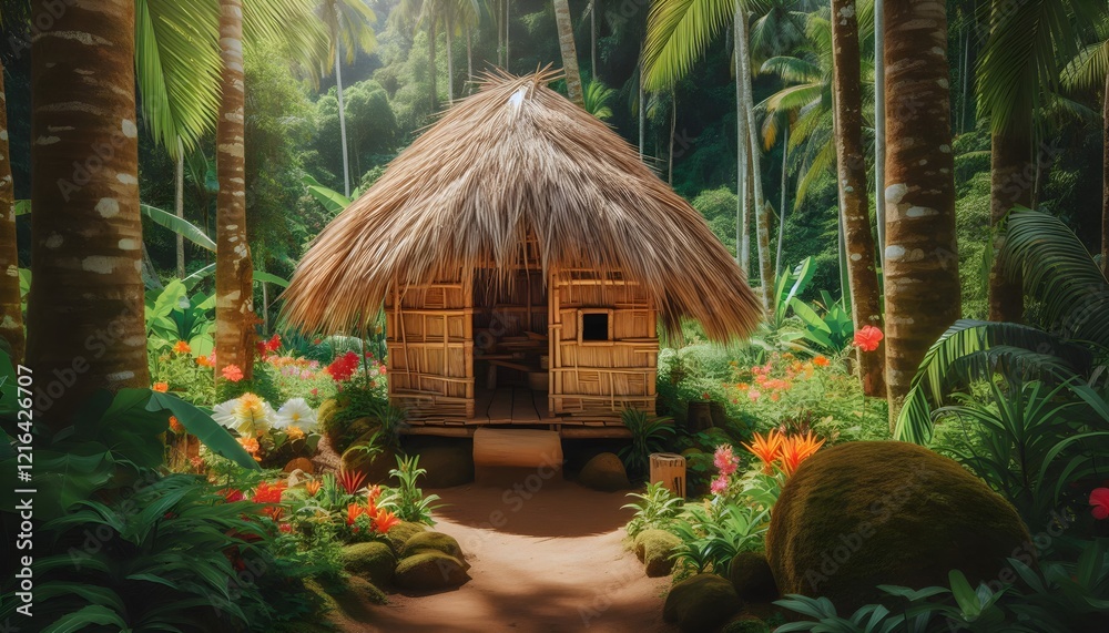 A small hut made of straw and wood in a tropical jungle, surrounded by lush greenery and vibrant flowers, representing a simple natural abode A small hut made of straw and wood in a tropical jungle, surrounded by lush greenery and vibrant flowers, representing a simple natural abode