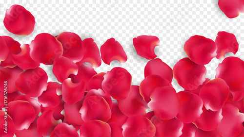 Realistic red rose petals flying around isolated vector. Red rose petals will fall on abstract floral background. Happy Valentine's day poster design and template with hearts.
