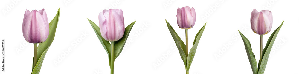 Fototapeta premium Closeup of a bouquet of beautiful pink tulips with lush green leaves on a plain white studio background Spring flowers blooming in the garden