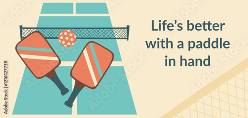 Pickleball court with paddles and ball. Pickleball banner. Concept of sport, activities, hobbies, leisure, healthy lifestyle. Vector background.