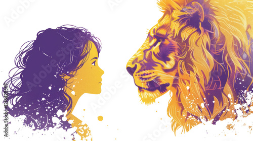 Girl and lion in profile look at each other, close-up illustration, two colors yellow and lavender overlap