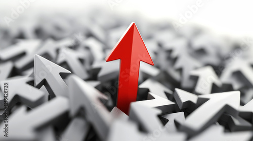 Dynamic ascent of a red arrow among numerous gray arrows in a minimalist setting highlighting success and direction