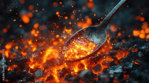 A close-up image of a glowing forge, featuring bright orange embers surrounded by dark, rough coal.