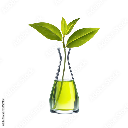 Green plant sprout in glass vase, studio shot, white background, nature product concept