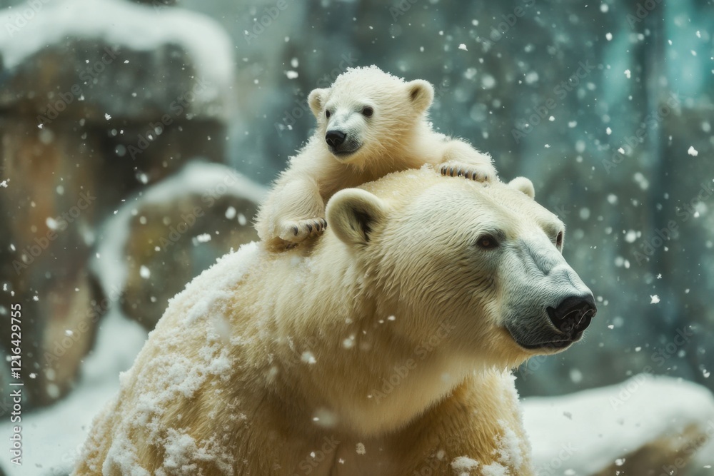 A large polar bear in the middle of the snow with her cub on her back.The polar bear cub looks blessed on its mother's backPolar bear cub looks blessed on its mother's back. A large polar bear in the middle of the snow with her cub on her back.The polar bear cub looks blessed on its mother's backPolar bear cub looks blessed on its mother's back.