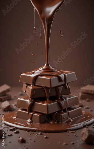 Melted Chocolate Pouring Over Stack of Bars photo