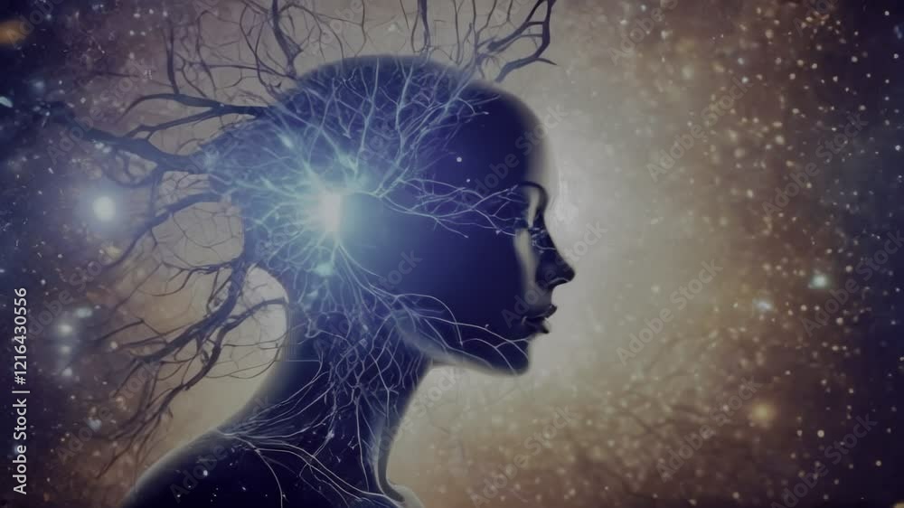 silhouette of a human head with a glowing brain with neural networks, nerves, in the form of branches, bundles, receives impulses, concept of the mind, development of intelligence