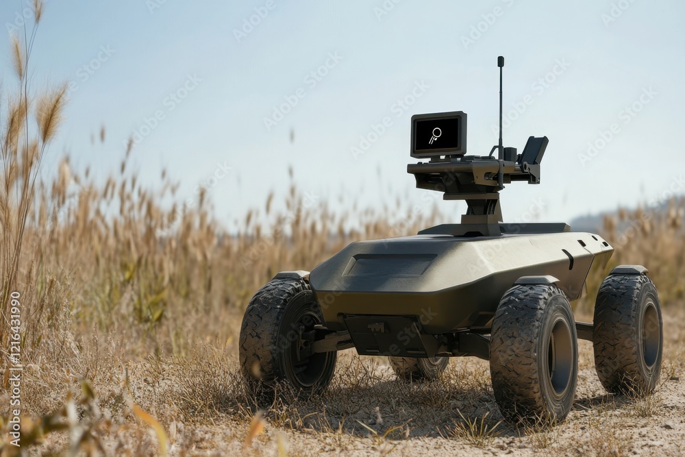 Fototapeta premium Robotic vehicle navigating through a field under clear skies with a control screen