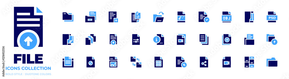 File icon collection. Bold style. Duotone colors. psd file, files, file, obj, add file, movie file, audio file, open, file upload, image file