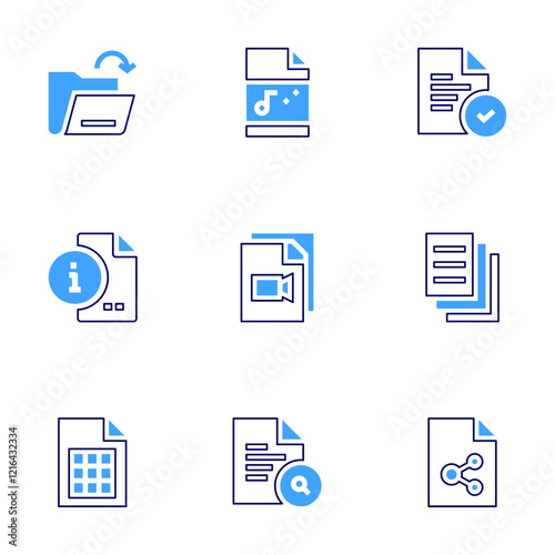 File icon set. Bold line style. Duotone colors. Editable stroke. file, movie file, audio file, open