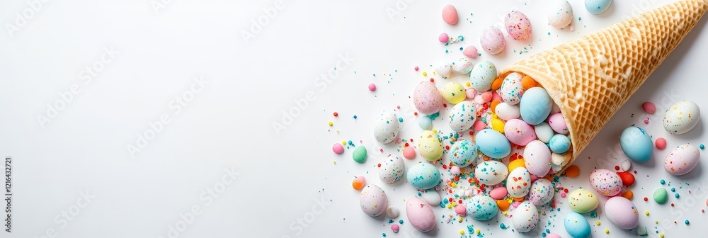 Top view and flat lay of conceptual arrangement decoration for Happy Easter holiday on white background. Colorful pastel eggs and topping spill out of the waffle horn with copy space. Top view and flat lay of conceptual arrangement decoration for Happy Easter holiday on white background. Colorful pastel eggs and topping spill out of the waffle horn with copy space.