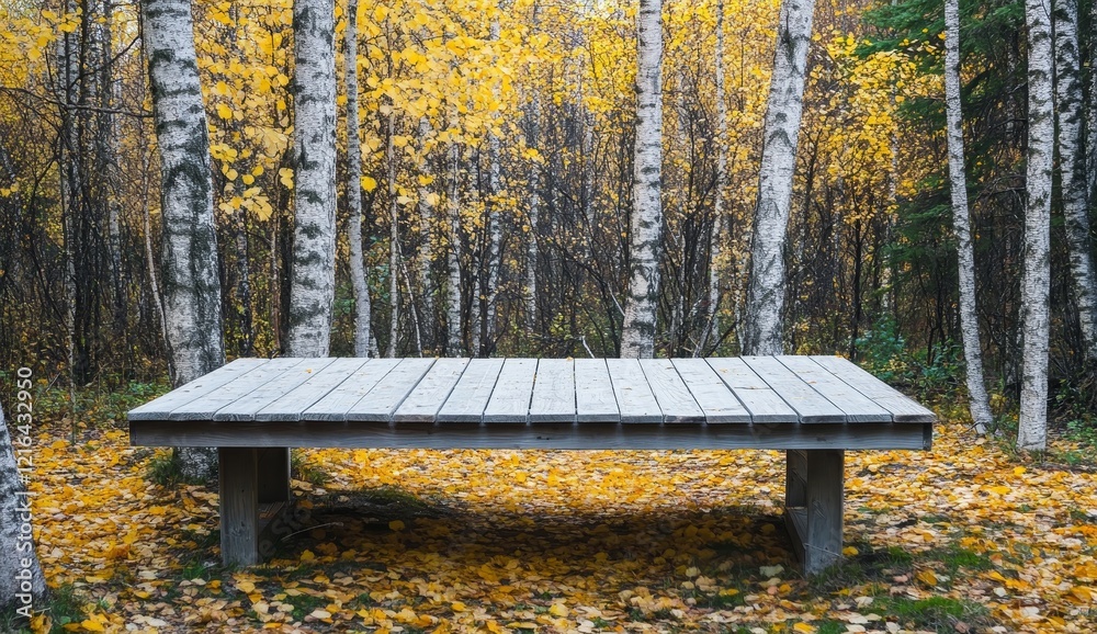 Empty wooden picnic table in autumn birch forest.