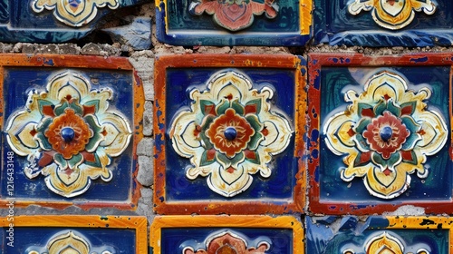 Colorful decorative tiles featuring intricate floral patterns on a wall.