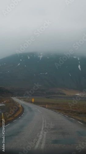 Vertical view of Norway road from car