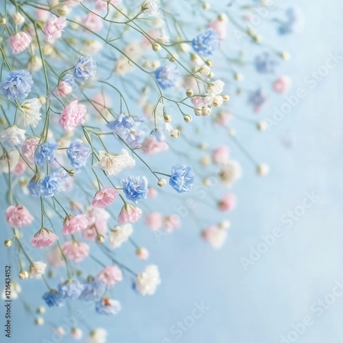 Pastel Baby's Breath flowers, light blue background, spring floral arrangement, wedding invitation design