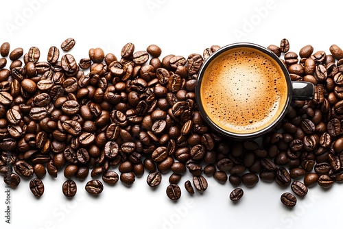 Heap of roasted coffee beans on white background with close-up texture photo