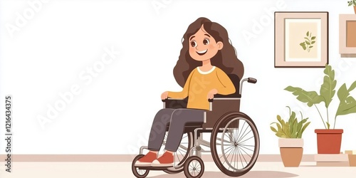 Smiling girl in wheelchair enjoying indoor space with plants and artwork, showcasing inclusivity and accessibility photo